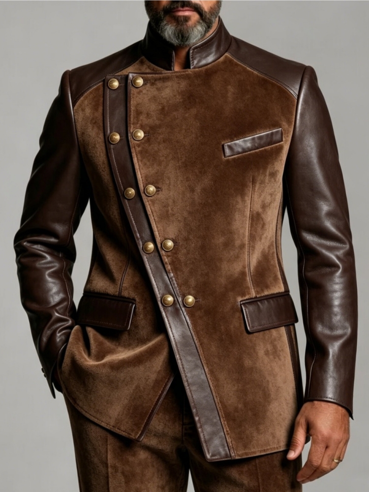 Velvet Blazer Vintage - Vintage Men Velvet Leather Spliced Blazer