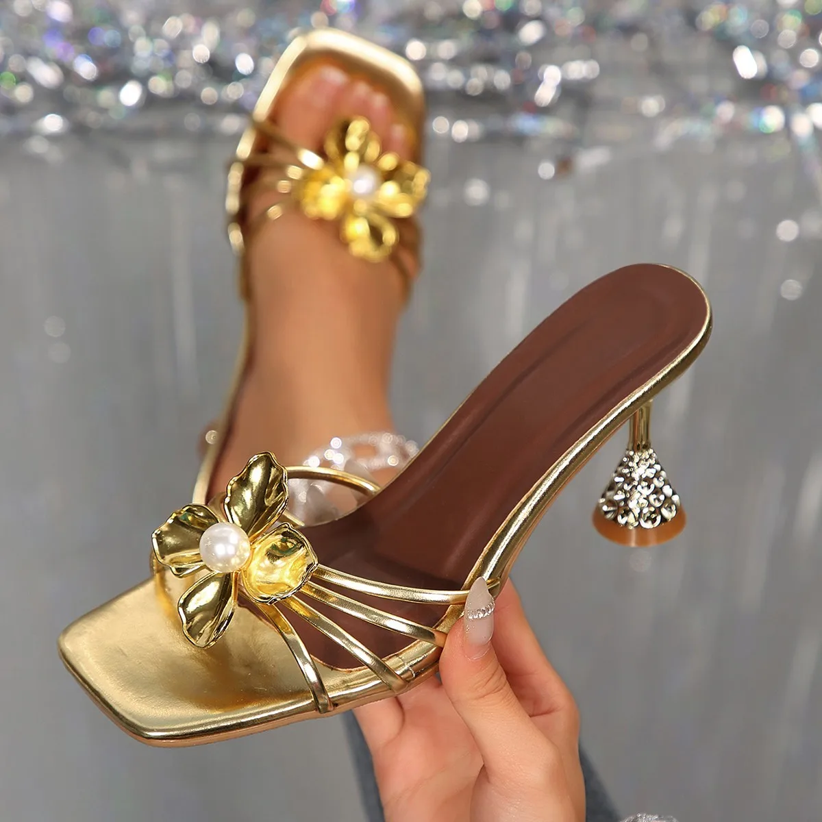 Vintage Fashion Online - Vintage Metal Flower Crystal Cone Heel